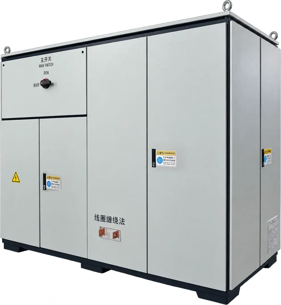MPI machine power cabinet with the external coil port: two copper terminals near the bottom of the centre door