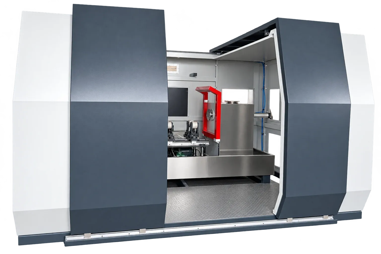 Forged-blank magnetic particle inspection machine with its sliding doors open, showing the magnetizing coil and support rollers
