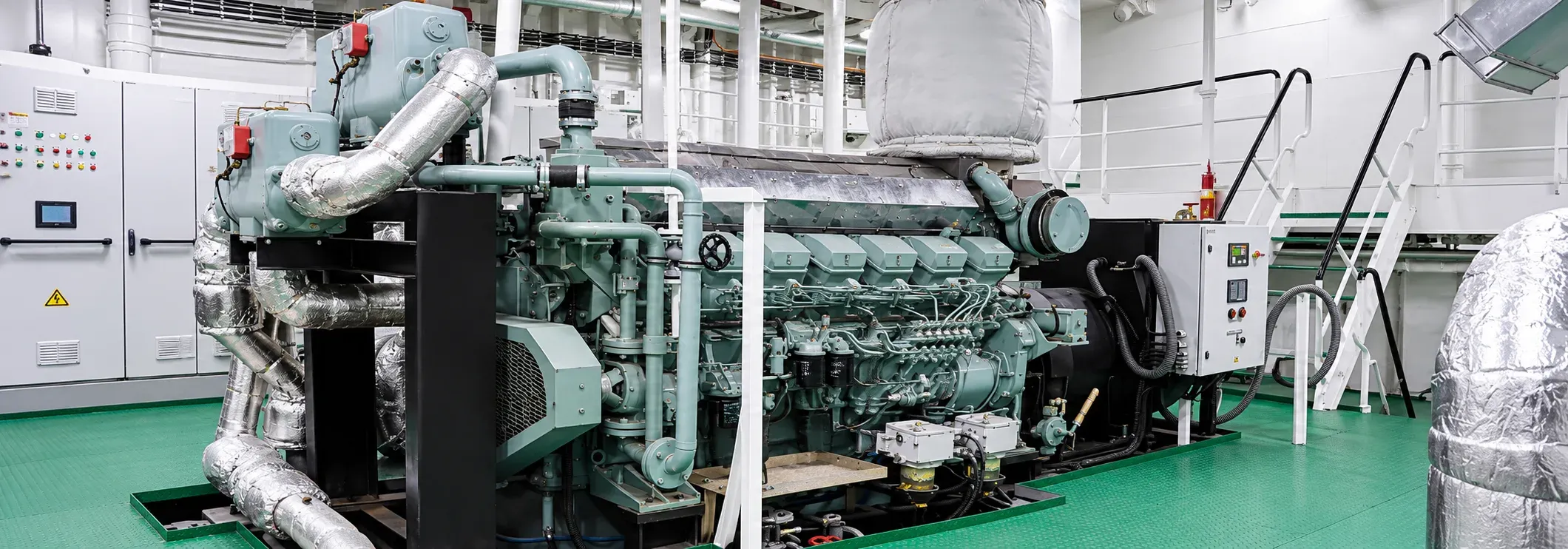 Marine diesel engine in a ship engine room