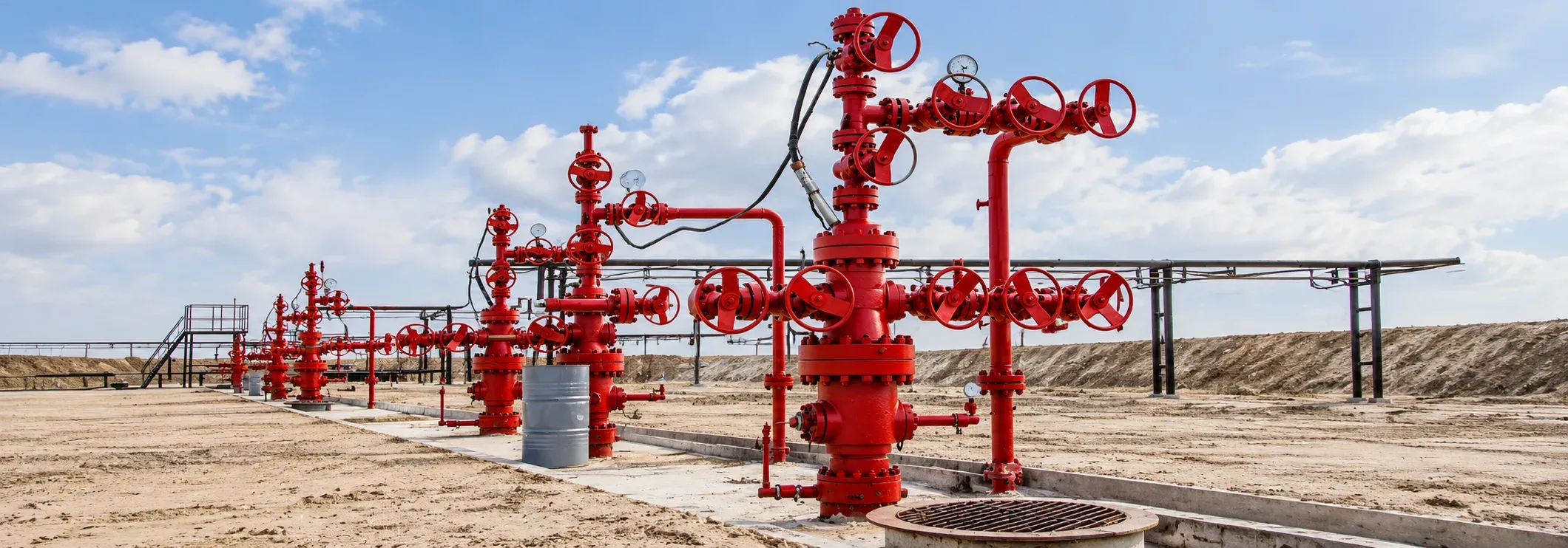 Red wellhead and Christmas tree assemblies at an oil and gas field