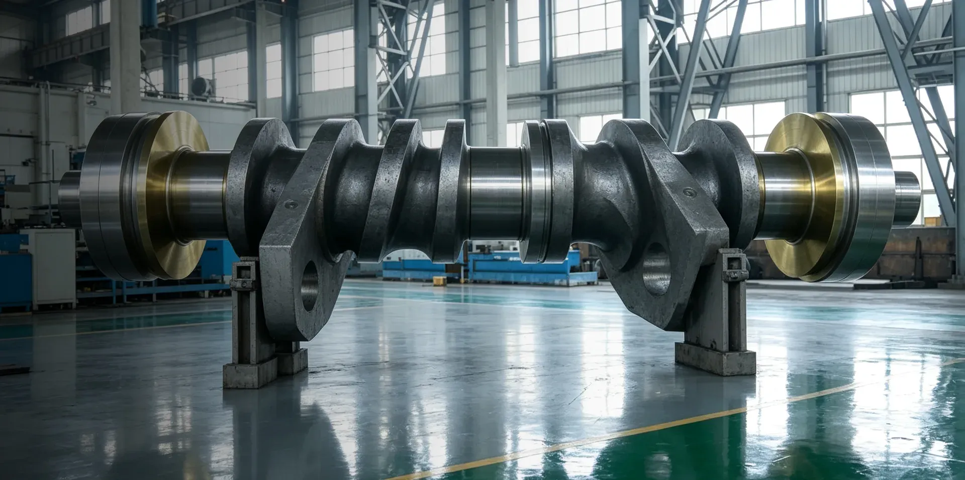 Large crankshaft on stands in a workshop