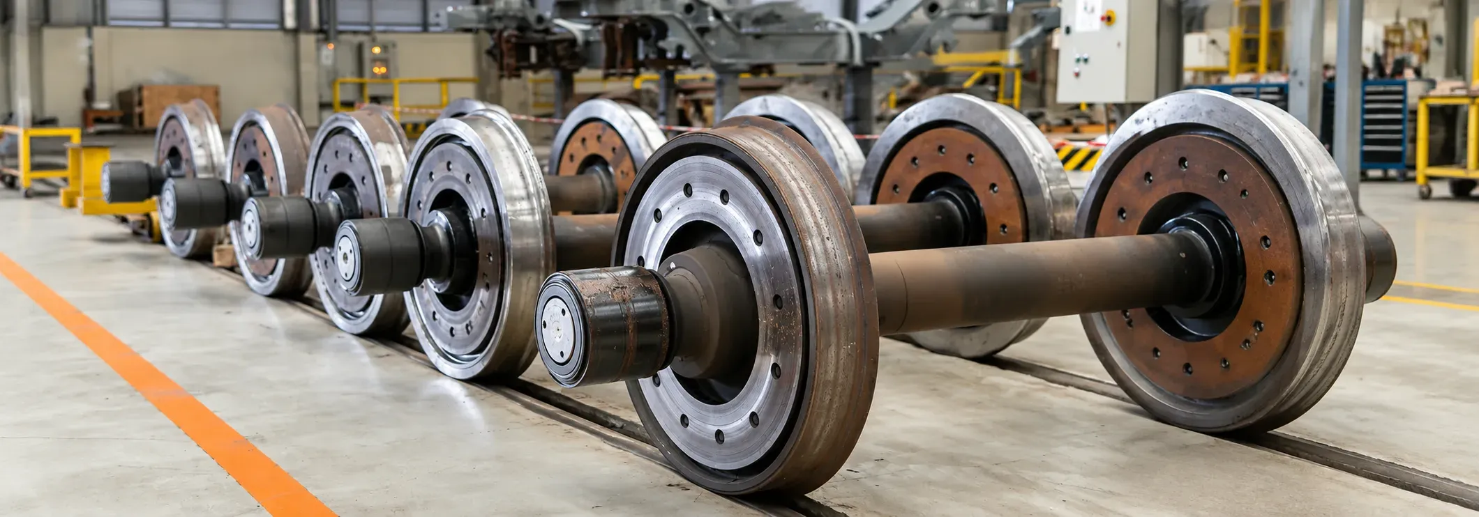 Row of railway wheelsets with axles on a workshop floor