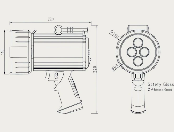 SC100-10K dimension drawing, side and front views