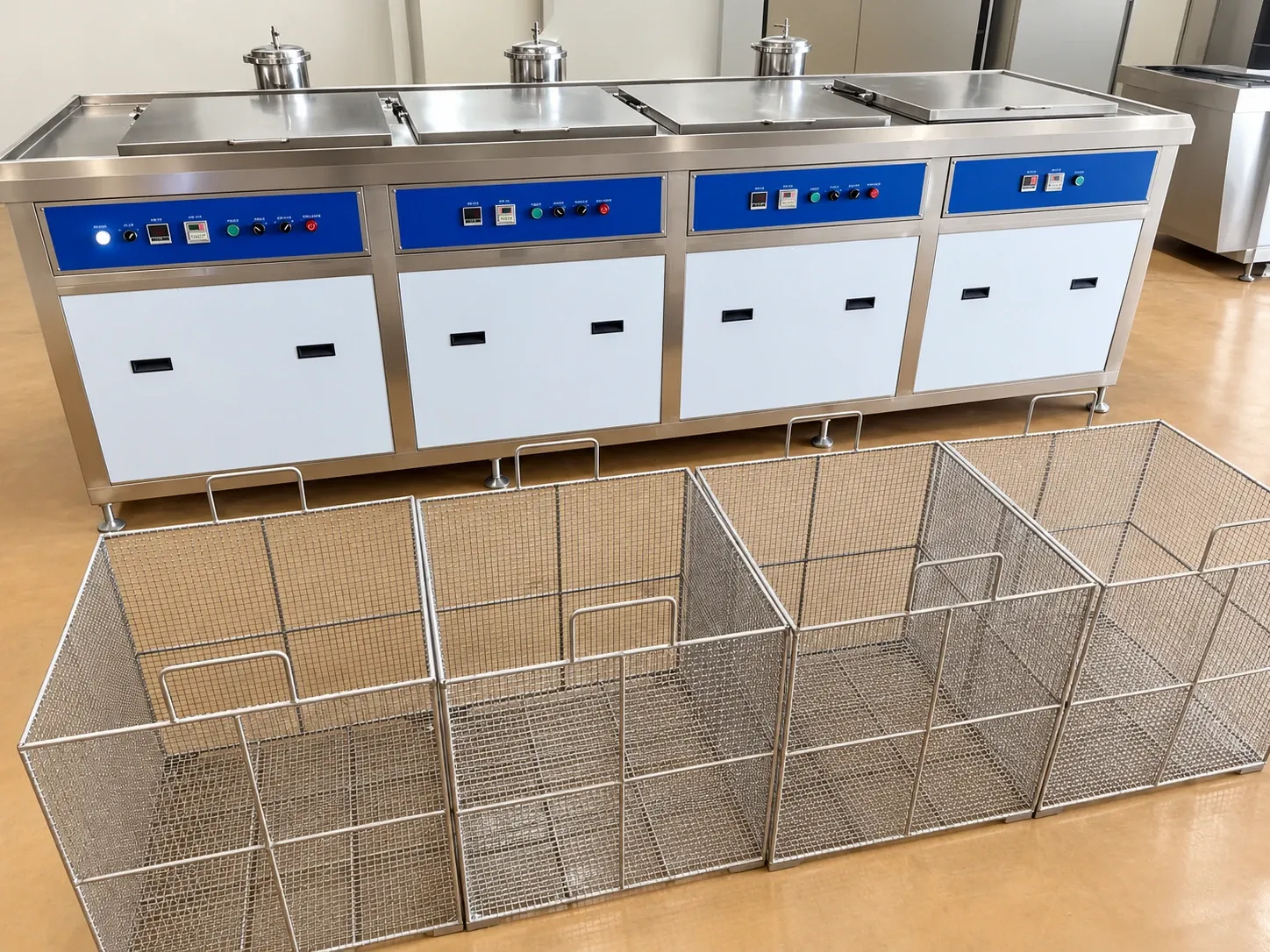 STYQ-1000 penetrant inspection line with stainless steel stations and parts baskets