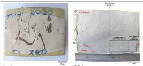 Left: cut weld sample A marked AISI 8630 and 5L X80. Right: the same sample with the MT-examined external surface and metallographic section marked.